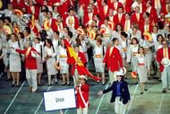 15 Sep 2000:  Flag Bearer and water polo competitor Manuel Estiarte leads round the Spanish Olympic Team during the Opening Ceremony of the Sydney 2000 Olympic Games at the Olympic Stadium in Homebush Bay, Sydney, Australia. Mandatory Credit: Clive Brunskill /Allsport